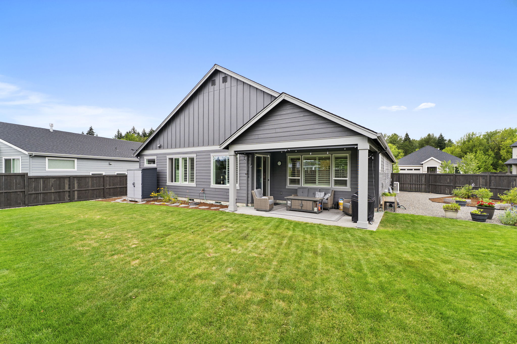 Backyard view of a home and covered patio