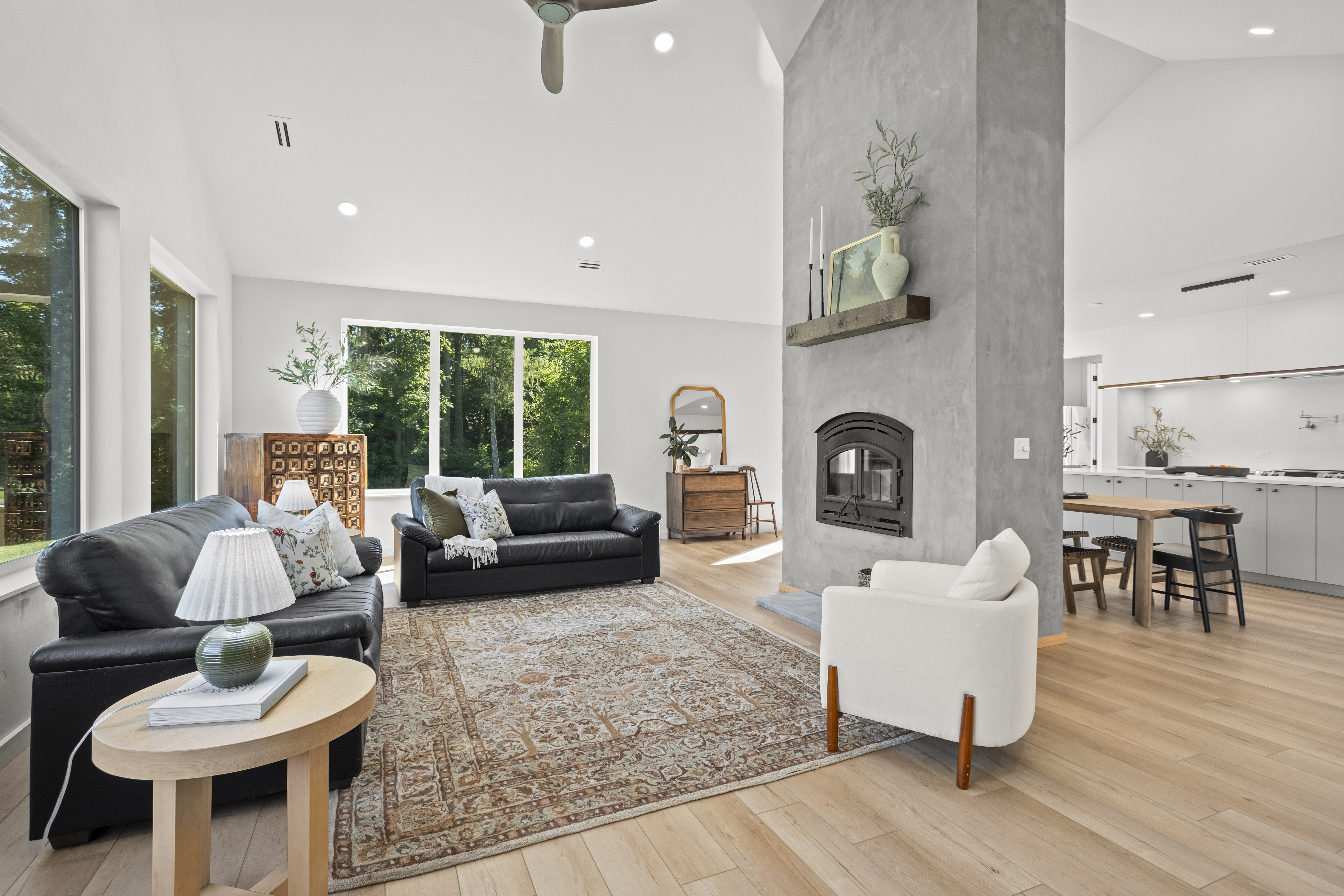 Modern living room with vaulted ceiling and fireplace