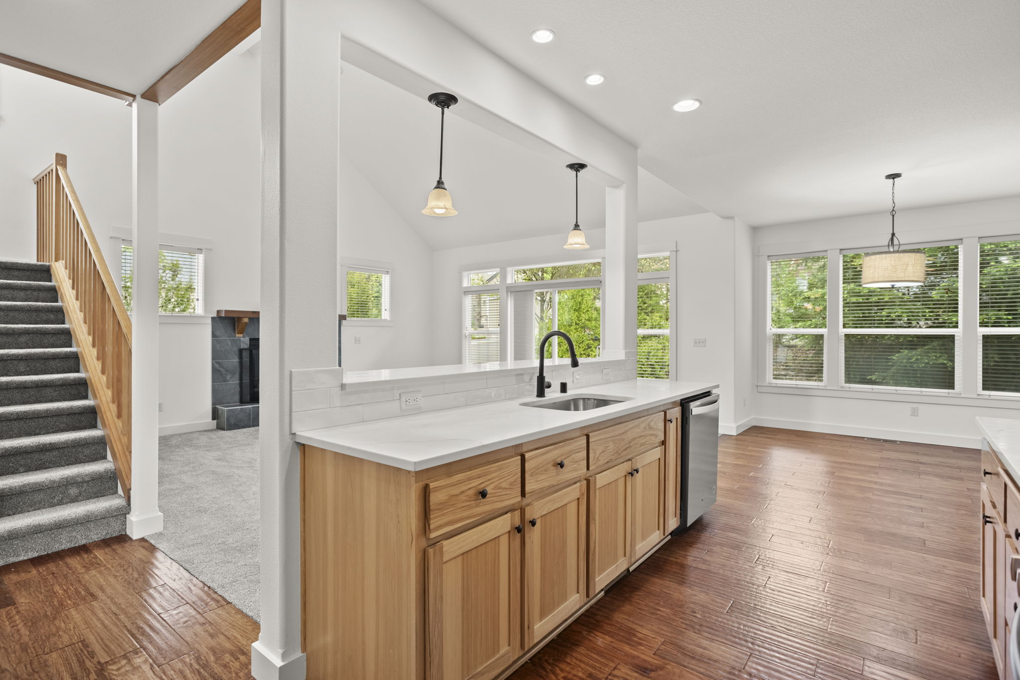 Bright kitchen with island and dining area