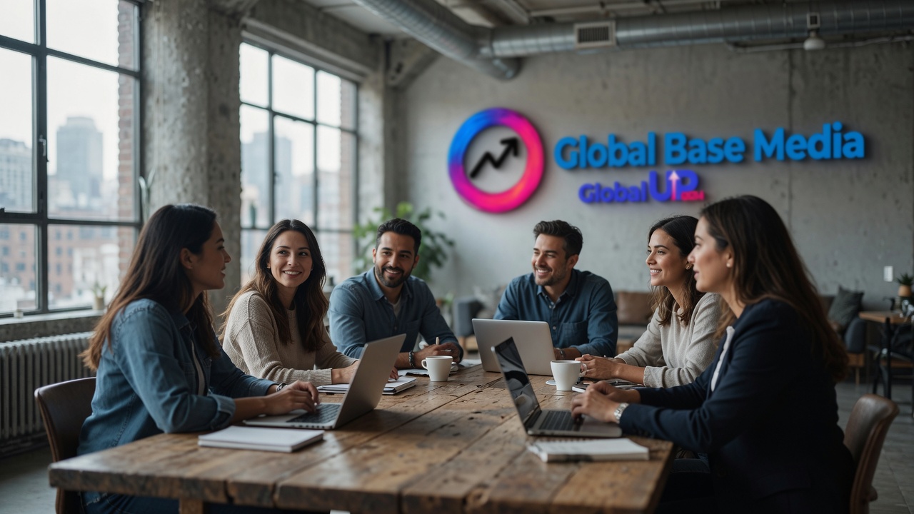 The Global Base Media team collaborating in the studio