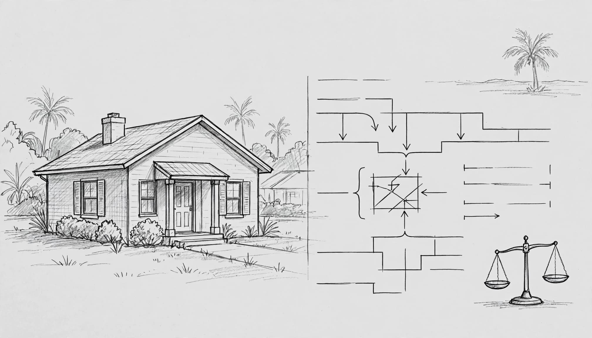 A graphite sketch showing a house on the left and an abstract equity flowchart with a small balance scale on the right.