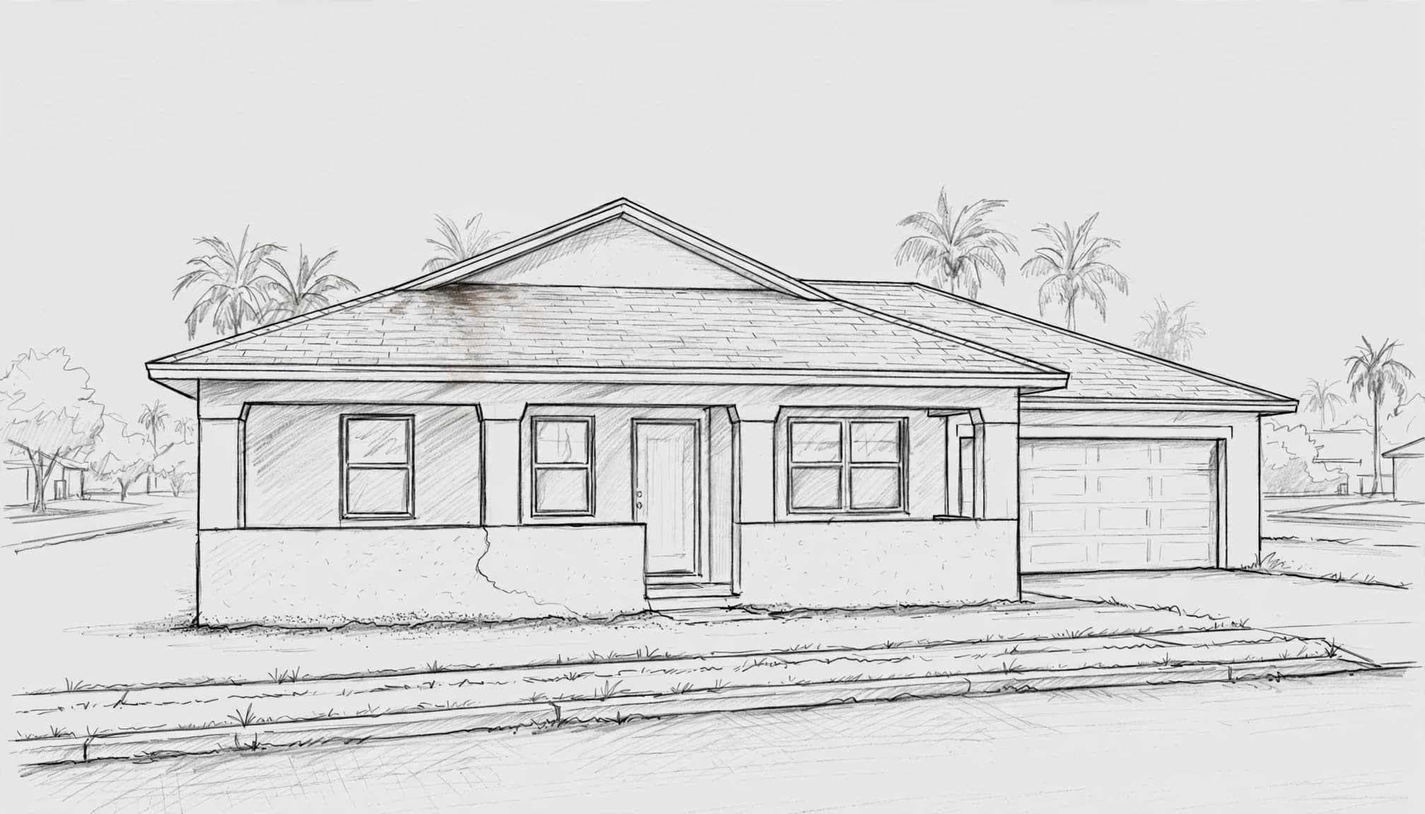 A graphite sketch of a residential house with a roof stain, foundation crack, and palm trees in the background.