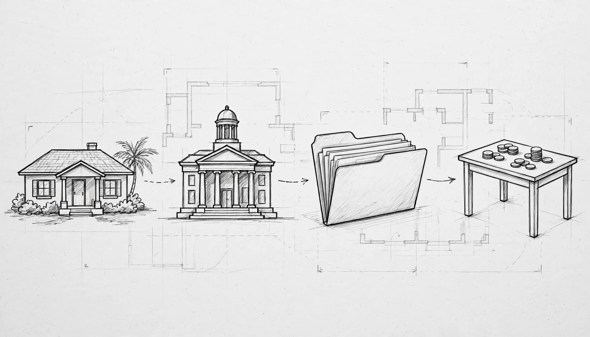 A hand-drawn sketch showing a flow diagram from a house to a courthouse, folder, and table of coins.