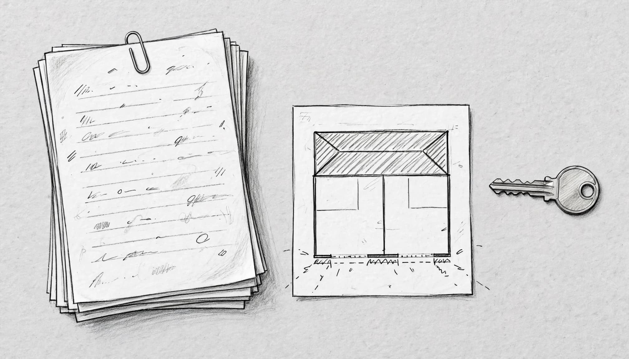 A graphite sketch showing a stack of papers, a floor plan, and a key on a table.