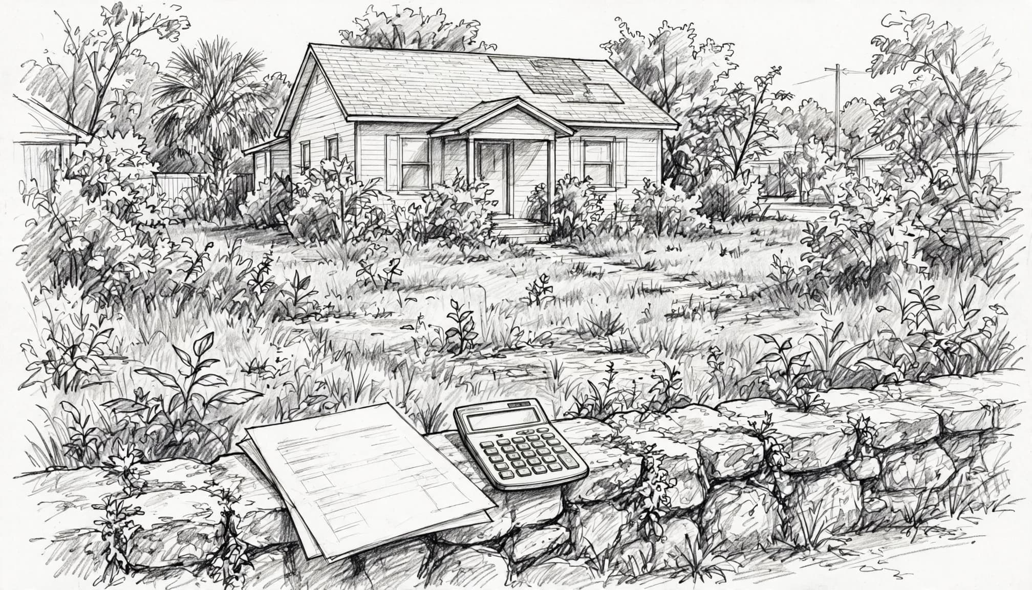 A hand-drawn sketch of a small house, with a paper sheet and calculator on a stone wall.