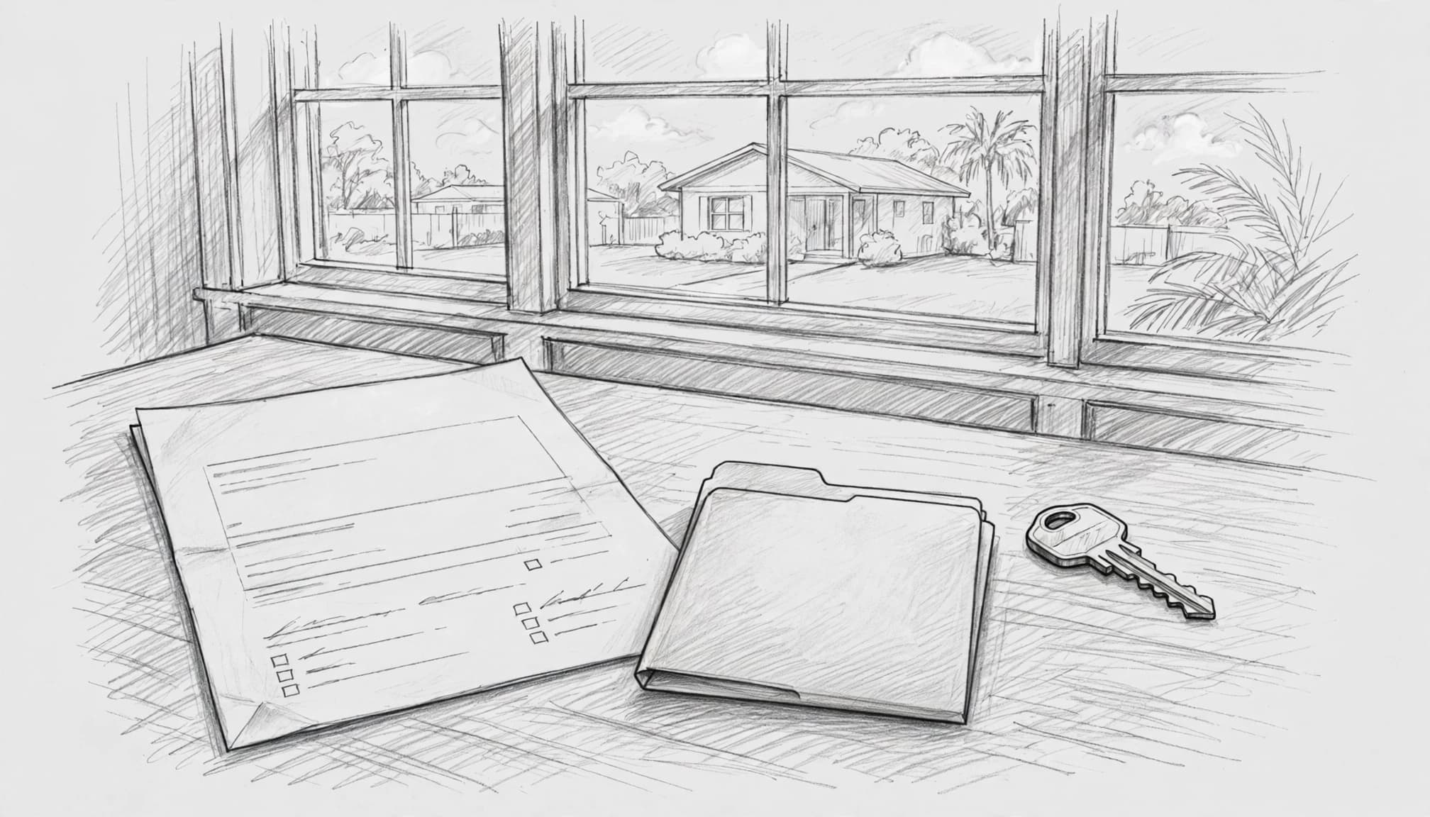 A pencil sketch of a purchase agreement, folder, and key on a table with a house outside the window.