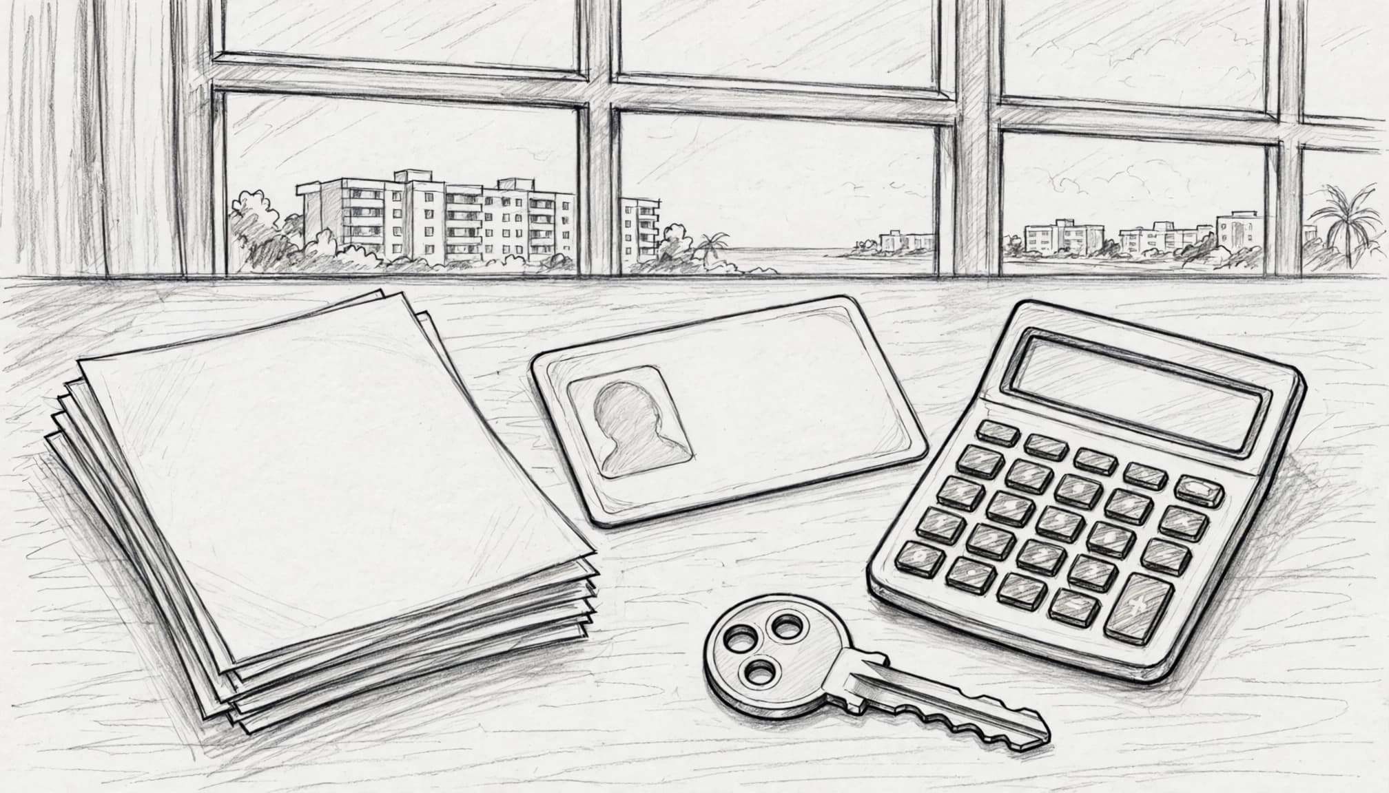 A graphite sketch of papers, an ID card, a key, and a calculator on a table.