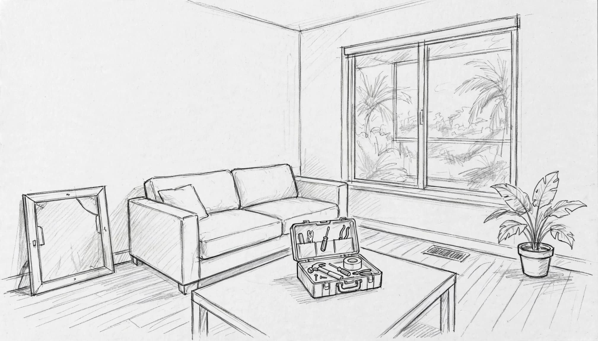 A graphite sketch of a living room with a sofa, a toolbox on a table, a plant, and a window.