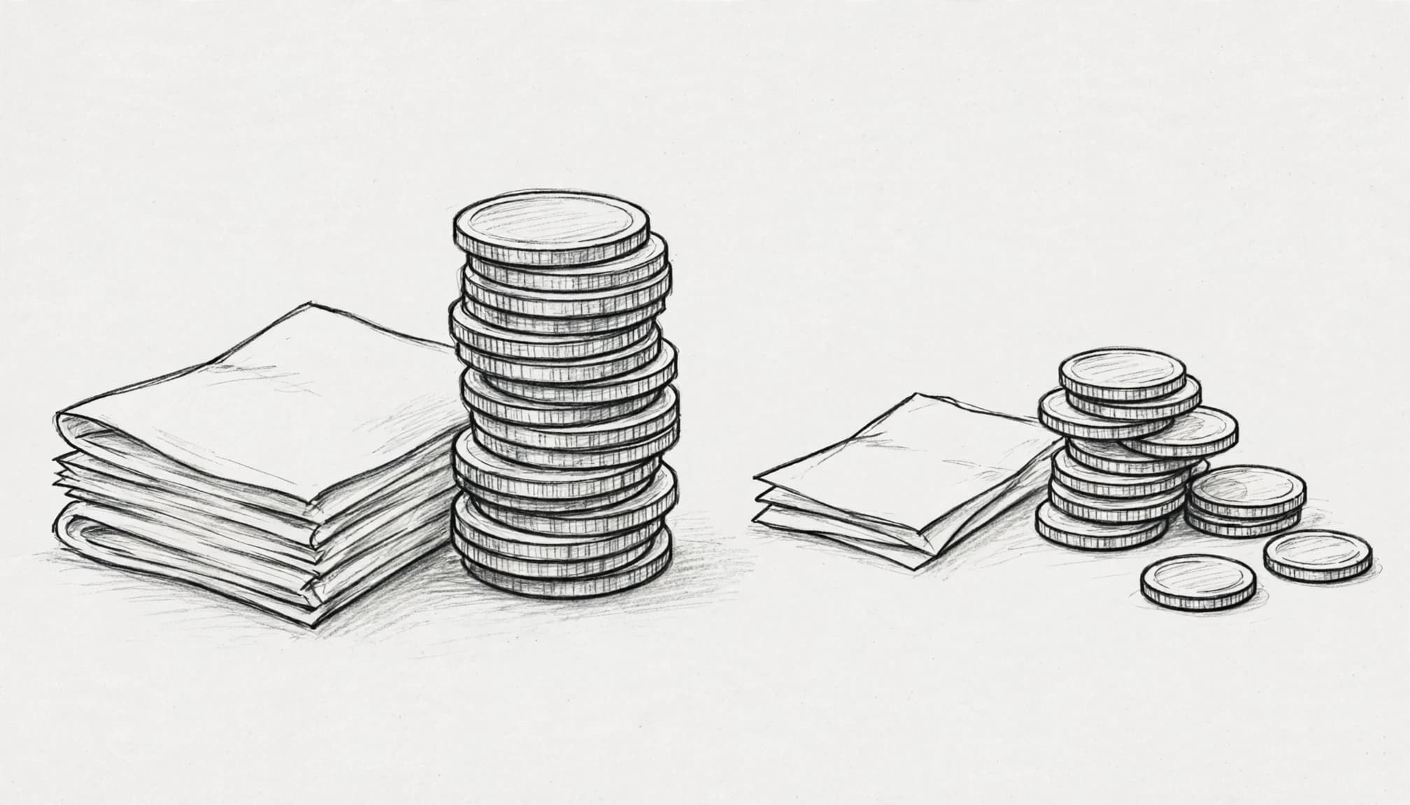 A pencil sketch of two piles of paperwork and stacked coins side by side.