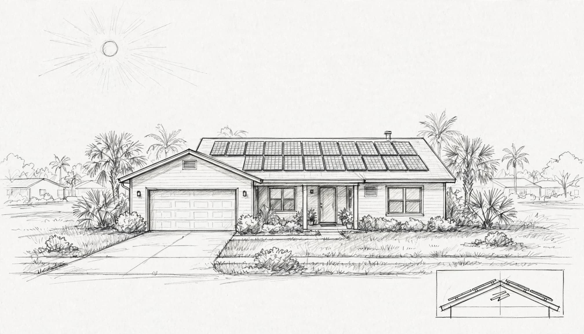 A graphite sketch of a single-family home with solar panels, a sun, and a roofline diagram.