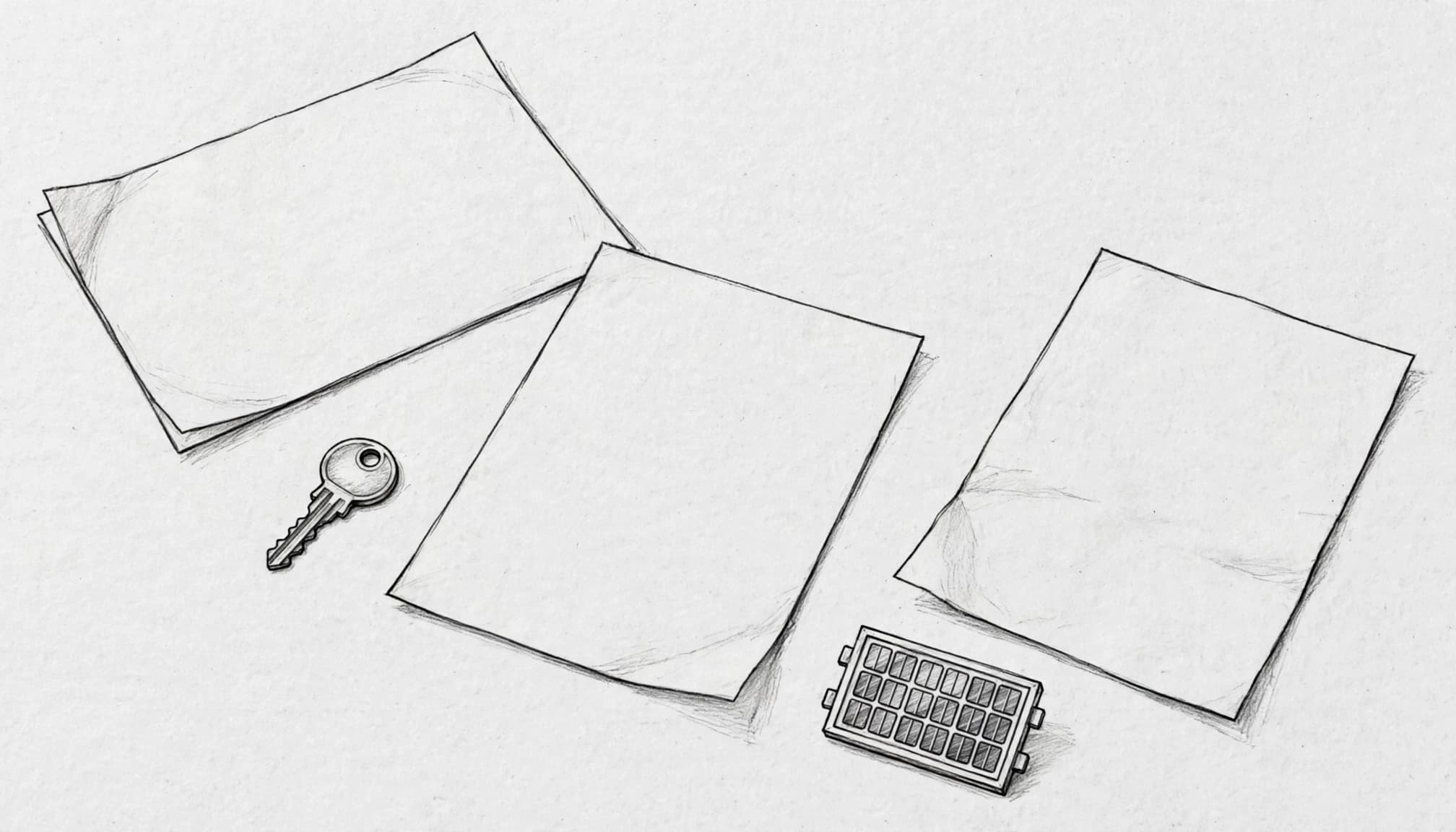 A graphite sketch of three blank papers, a house key, and a miniature solar panel on a table.