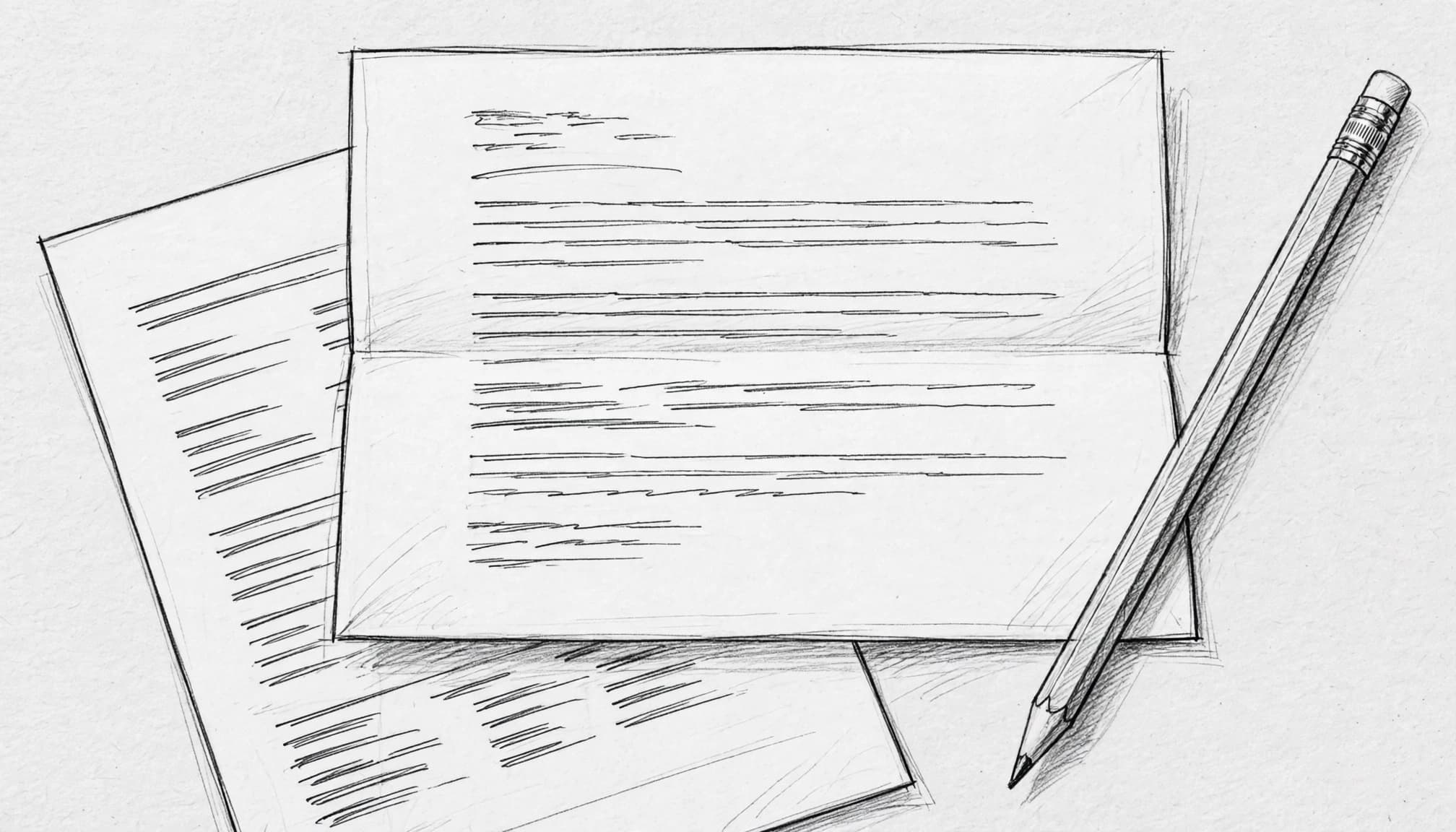 A hand-drawn sketch of documents and a pencil on a textured background.