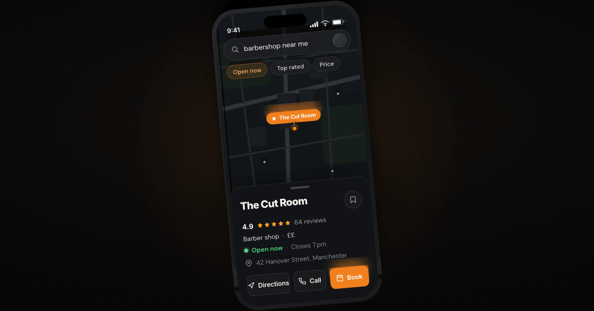 Google Business Profile listing for a UK barbershop showing star reviews and booking button in search results