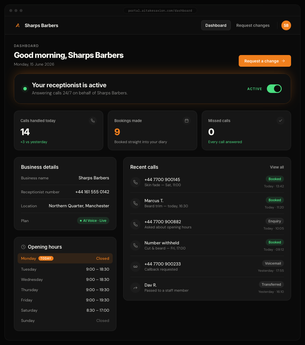 AI Automation client portal dashboard showing call activity and booking summary