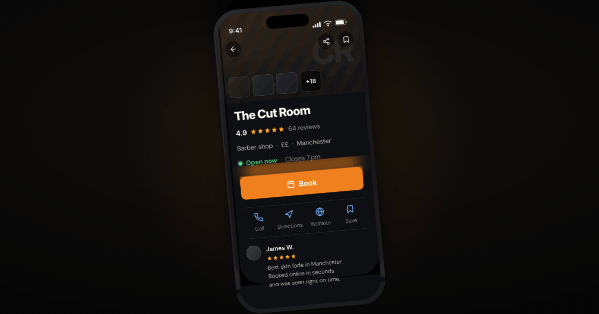 Google Business Profile for a UK barbershop on mobile showing star reviews, opening hours and booking button