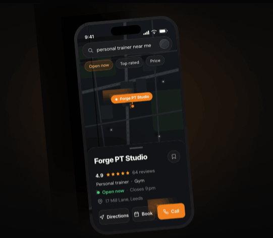 Completed Google Business Profile listing for a UK personal trainer showing star reviews, opening hours and contact button