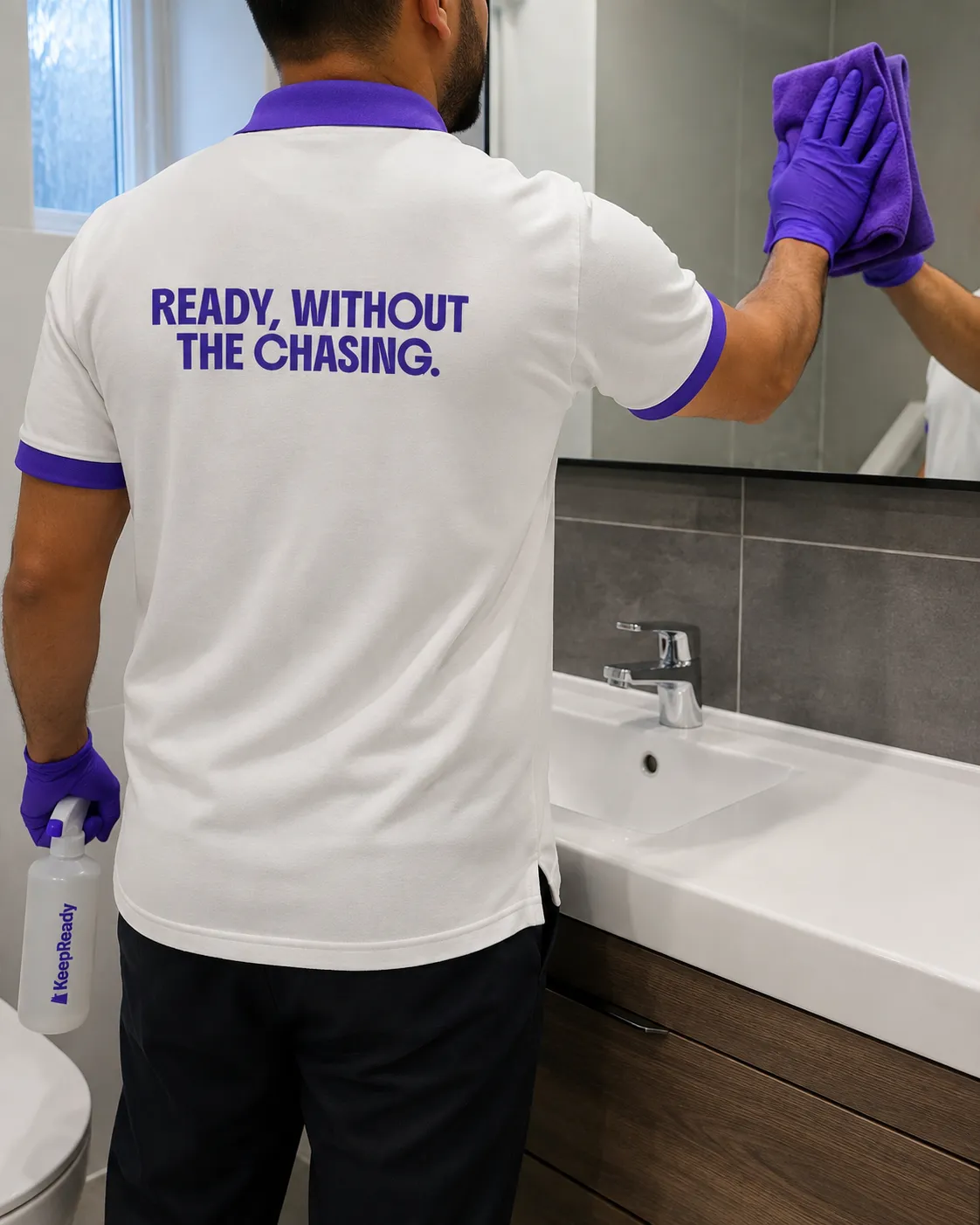 KeepReady professional polishing a bathroom mirror with chrome fittings