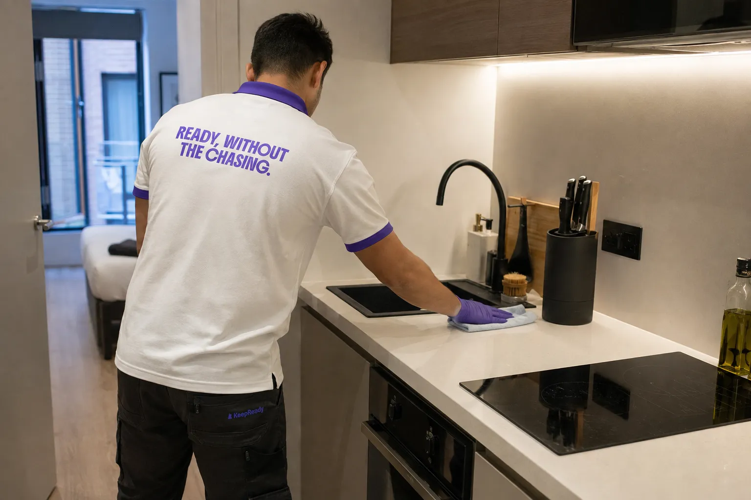 KeepReady professional in branded uniform cleaning a modern Birmingham apartment kitchen countertop
