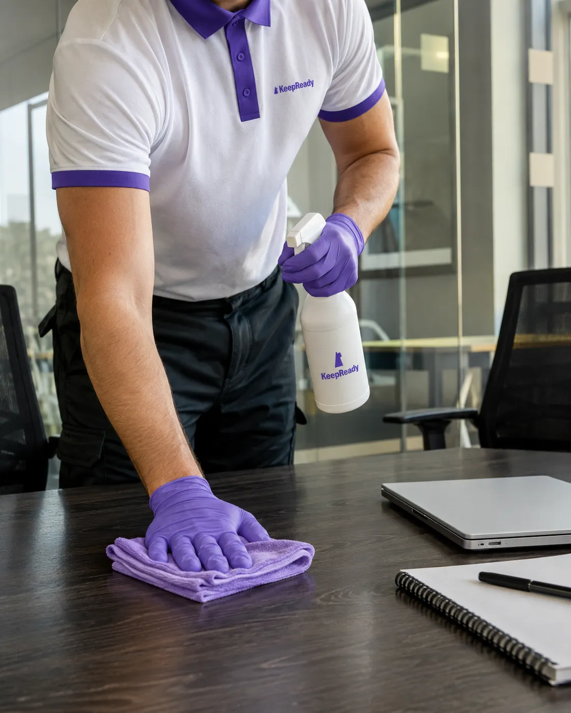 KeepReady professional sanitising an office desk through a recurring cleaning plan