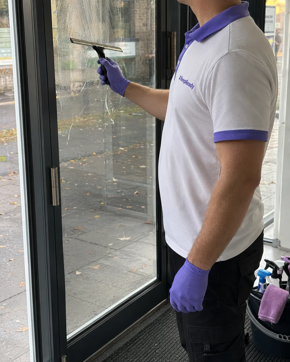 KeepReady professional squeegeeing a commercial glass entrance door