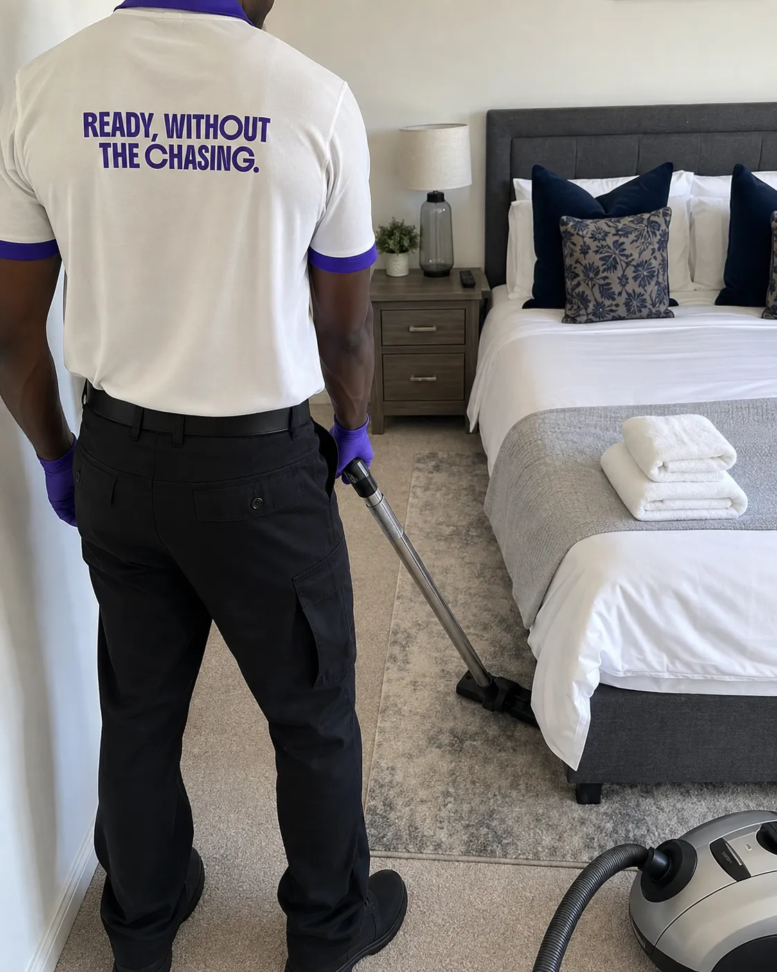 KeepReady professional vacuuming a bedroom carpet beside a neatly made bed
