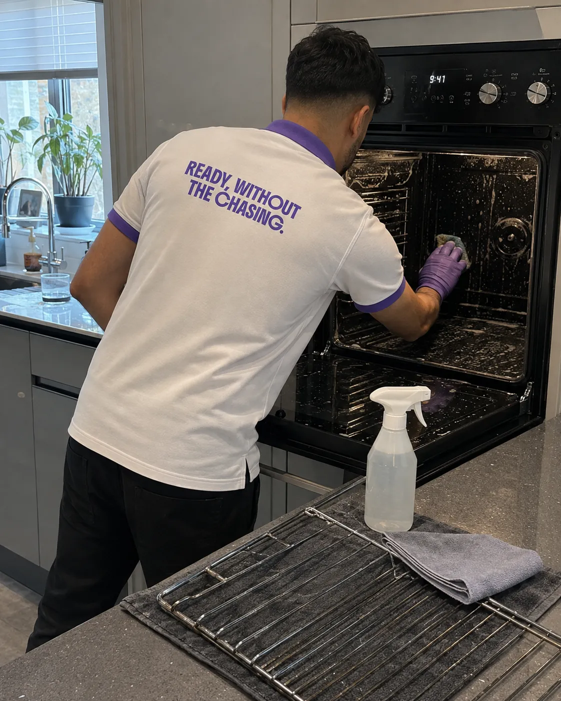 KeepReady professional scrubbing the inside of an oven during a deep clean