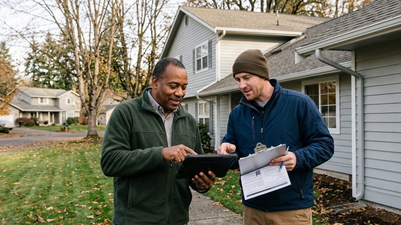 A homeowner discussing pre-winter findings with a contractor after a roof inspection near me.