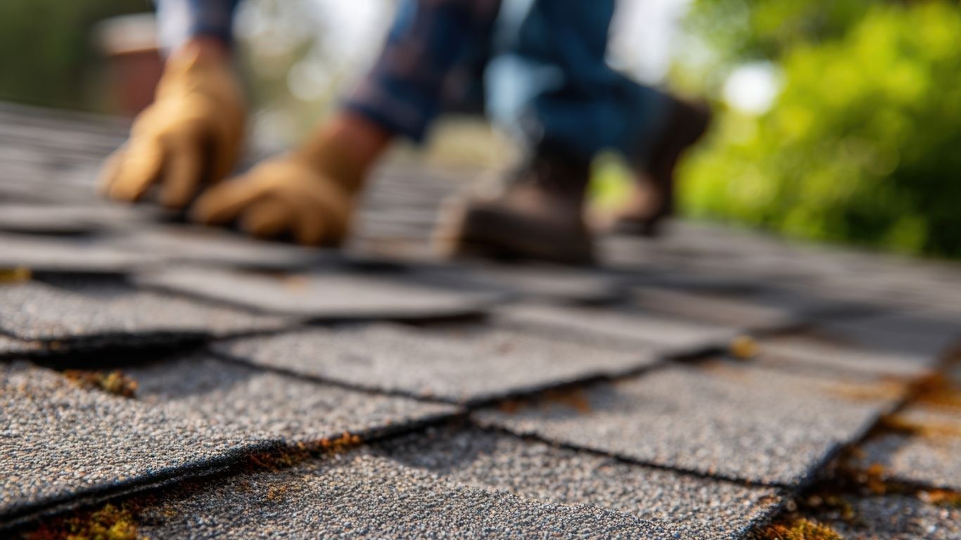 A contractor examining flashing, shingles, and vents while conducting a roof inspection near me.