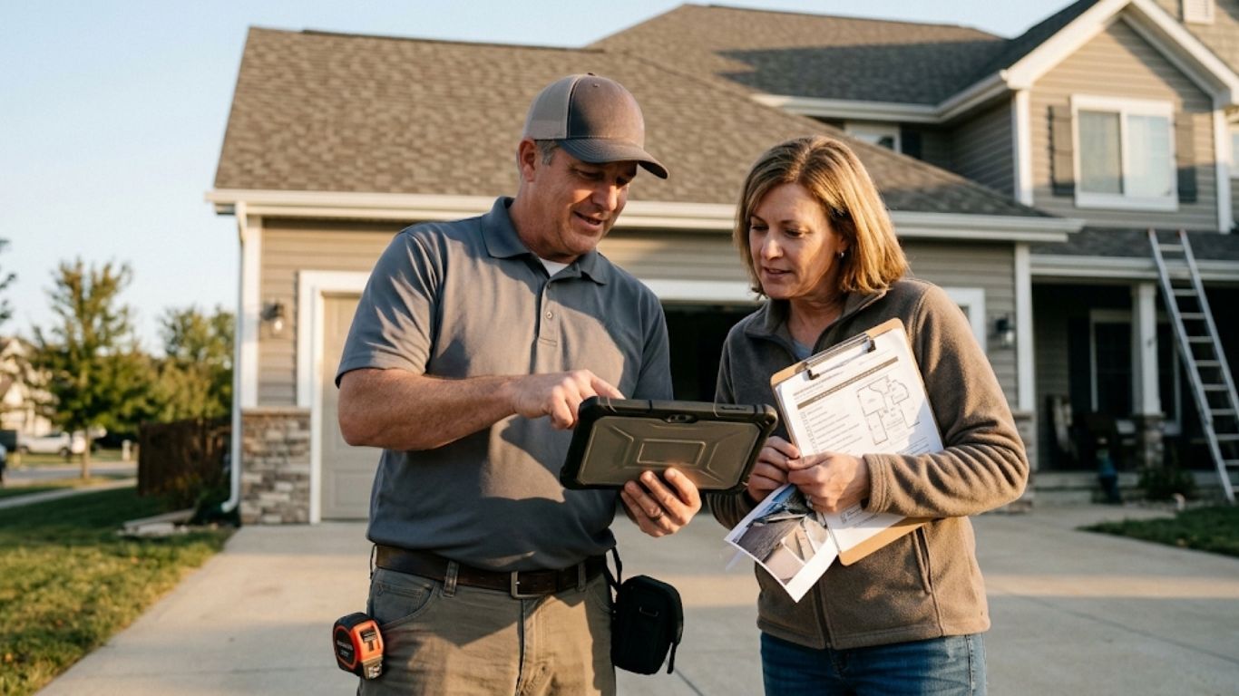 A contractor discussing inspection findings with a homeowner to confirm signs you need a new roof.