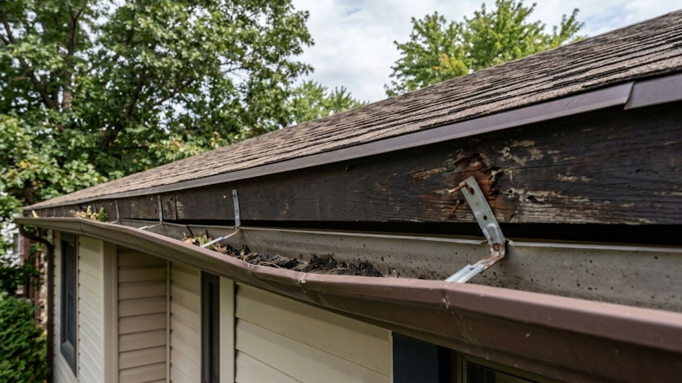 A sagging gutter pulling away from a home's roofline signaling gutter replacement.