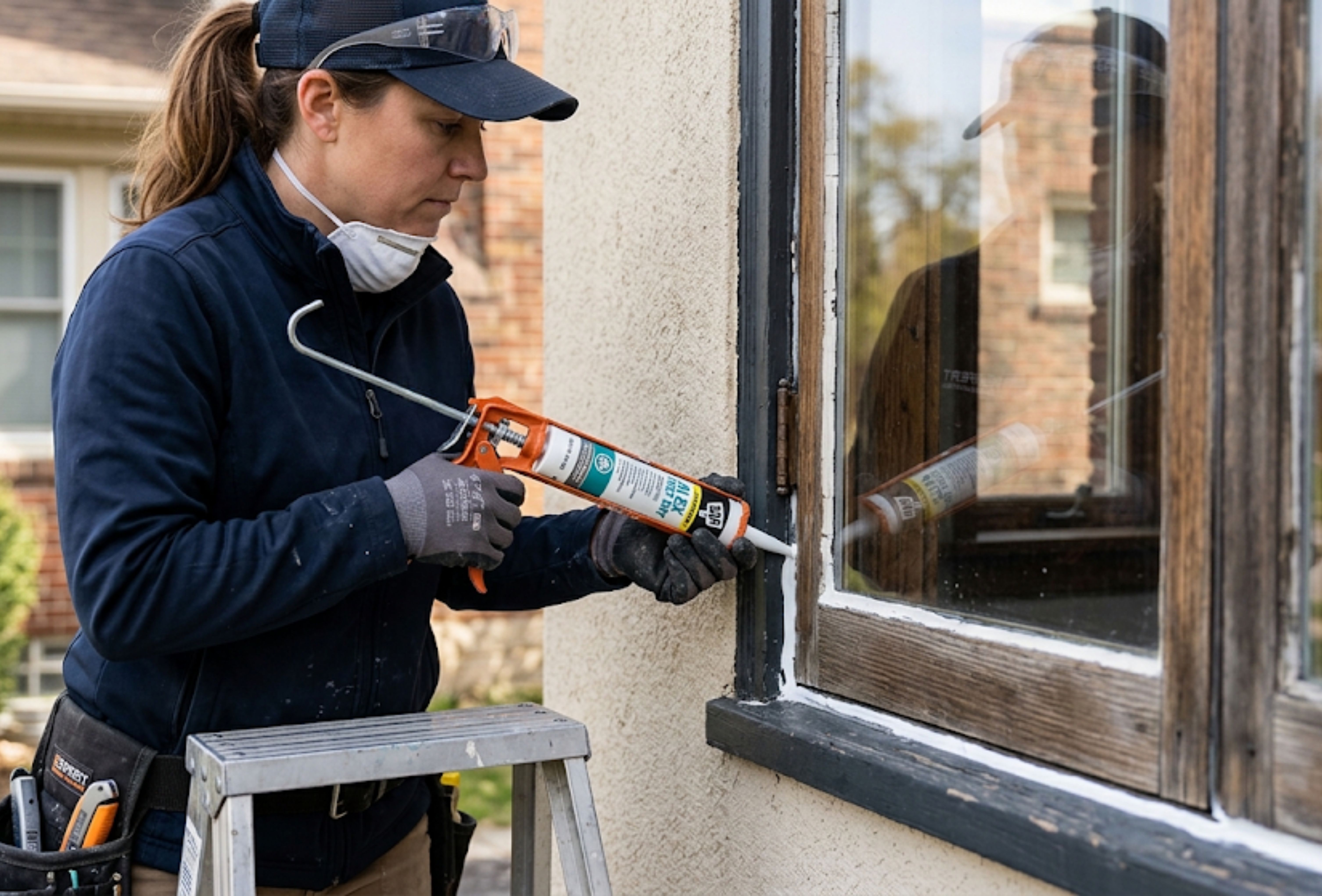 Applying caulk around a window frame to help create energy efficient windows.
