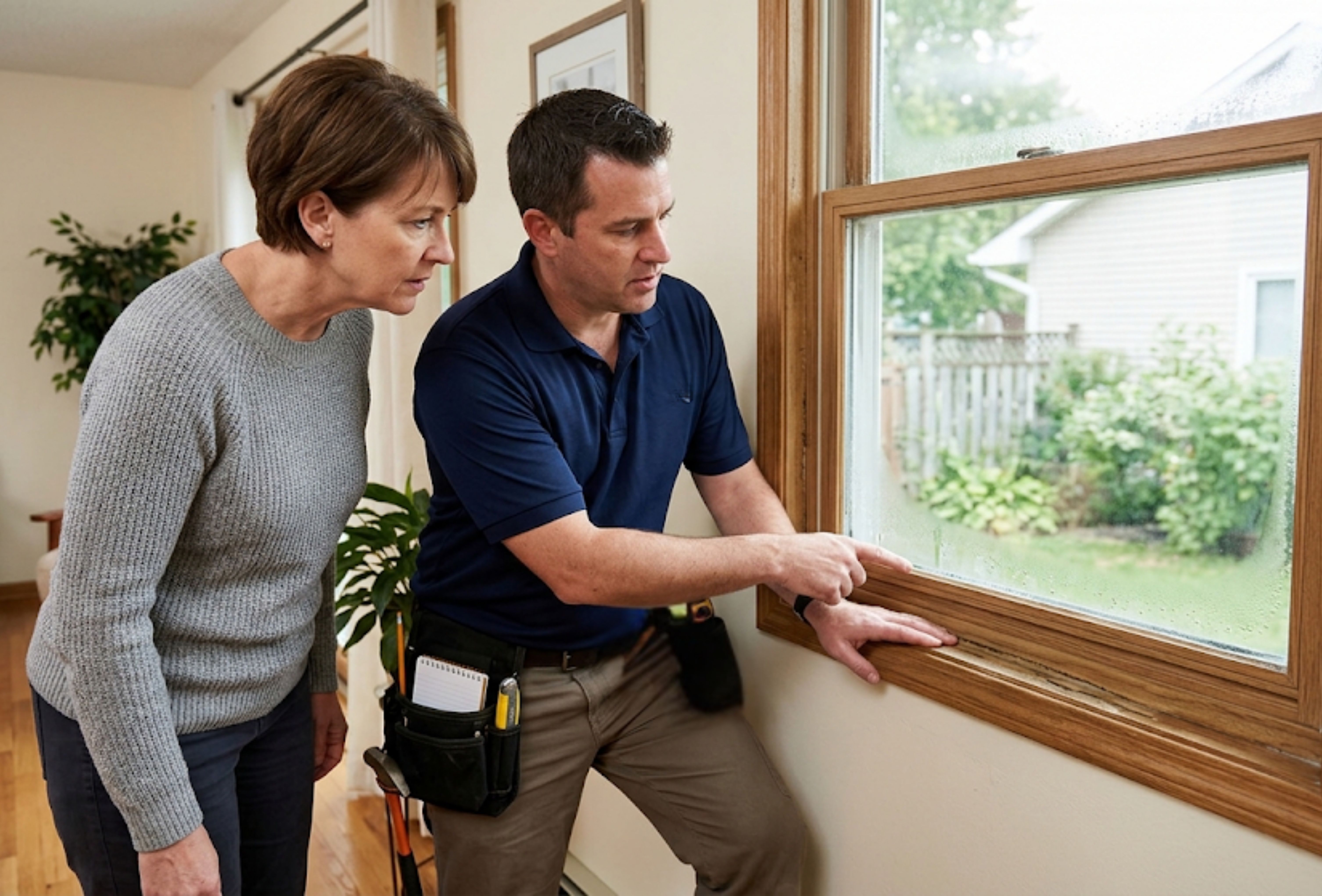 Inspecting window seals for air leaks to maintain energy efficient windows.