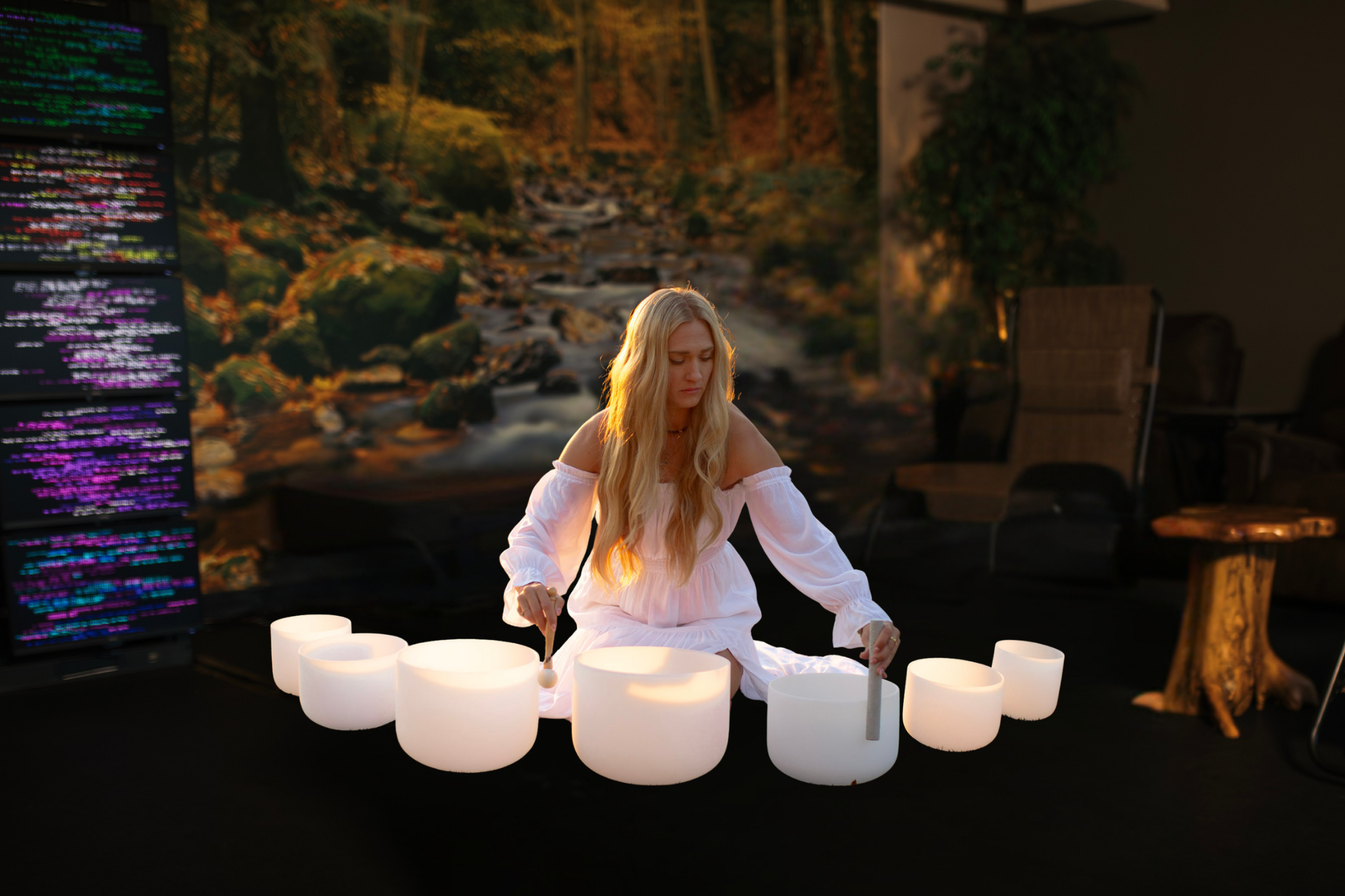 A woman wearing white playing crystal singing bowls in front of The Light System in SEWCs Energy Lounge.