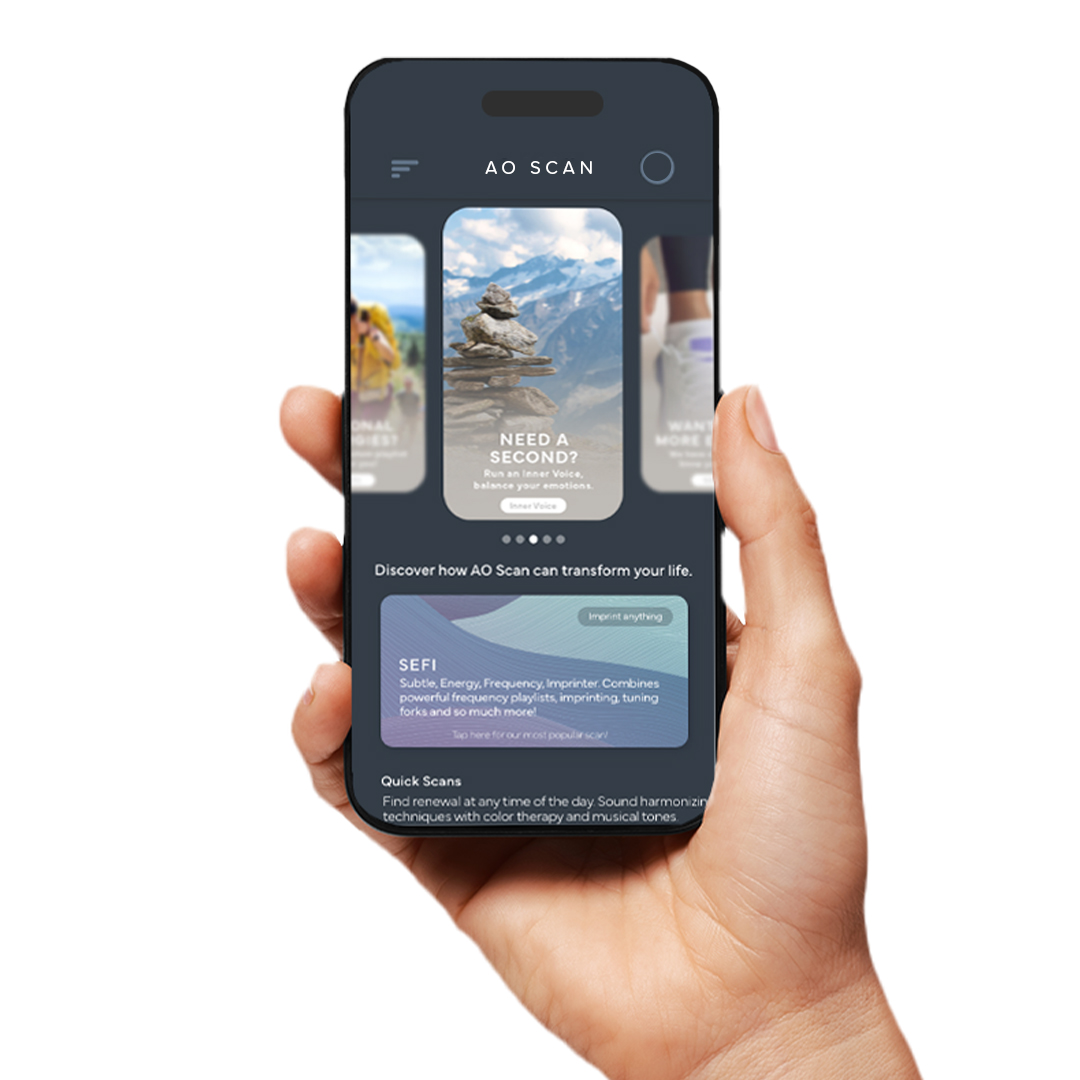 A hand holding an iPhone displaying the AOScan app.