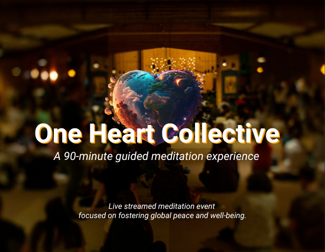 One Heart Collective set in front of a blurred image of a large group of people being guided through meditation.