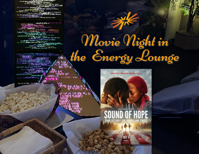 One Heart Collective set in front of a blurred image of a large group of people being guided through meditation.