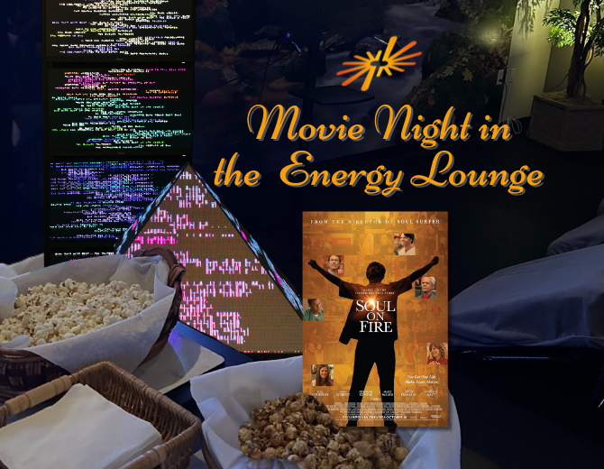 One Heart Collective set in front of a blurred image of a large group of people being guided through meditation.