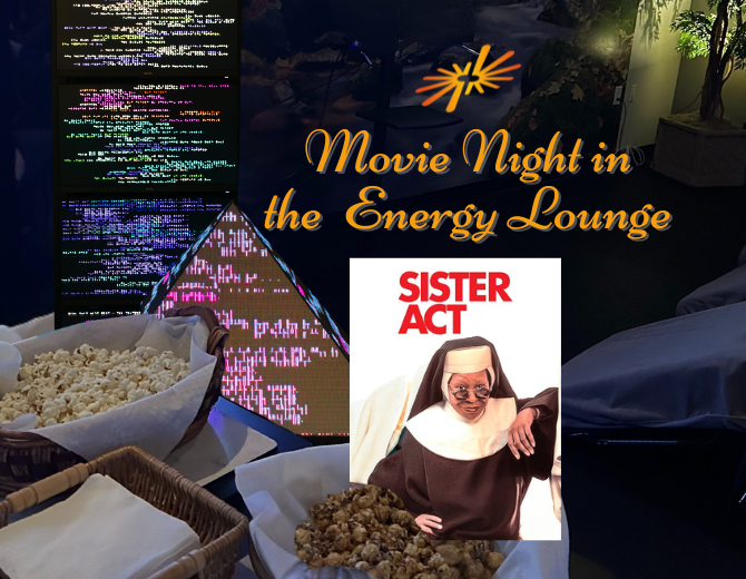 Popcorn and napkins in front of The Light System pyramid and tower in the Energy Lounge at SEWC