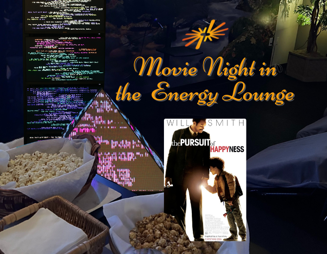 Popcorn and napkins in front of The Light System pyramid and tower in the Energy Lounge at SEWC.
