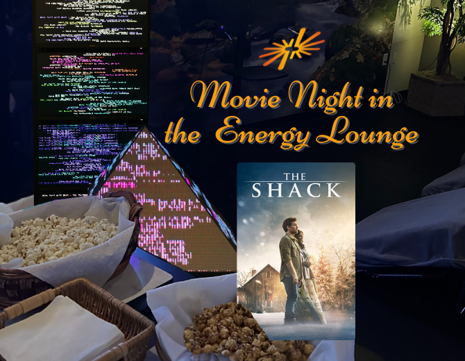 Popcorn and napkins in front of The Light System pyramid and tower in the Energy Lounge at SEWC.