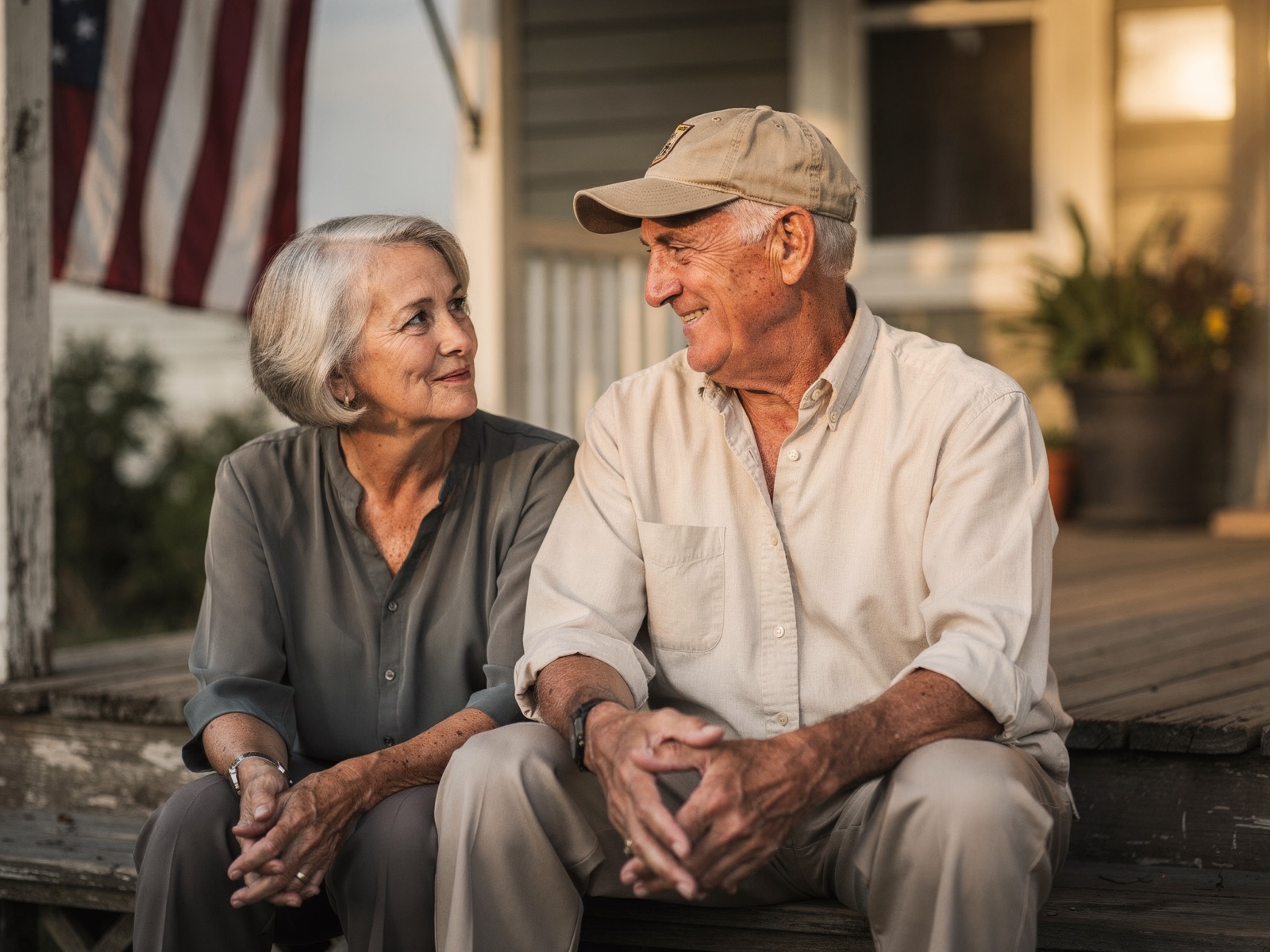 A veteran and his wife sitting together on the steps of their front porch, an American flag hanging behind them