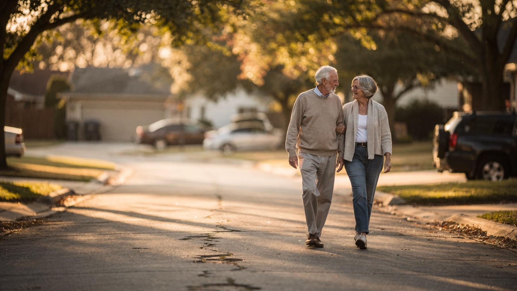 A retired couple walking together on their street in the late afternoon