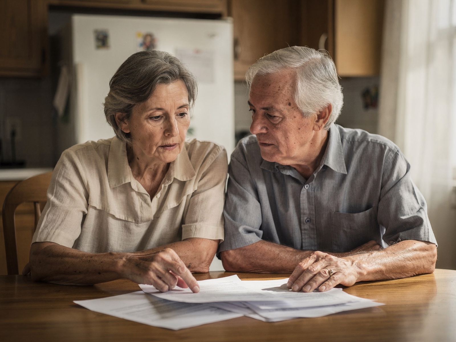 A retired couple going over their savings together at their kitchen table