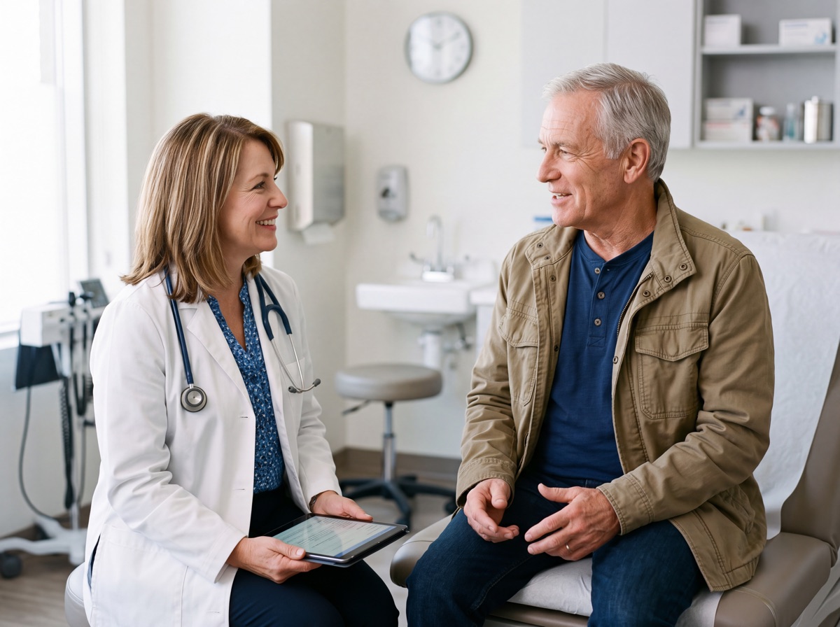 A veteran talking with his doctor at a local clinic
