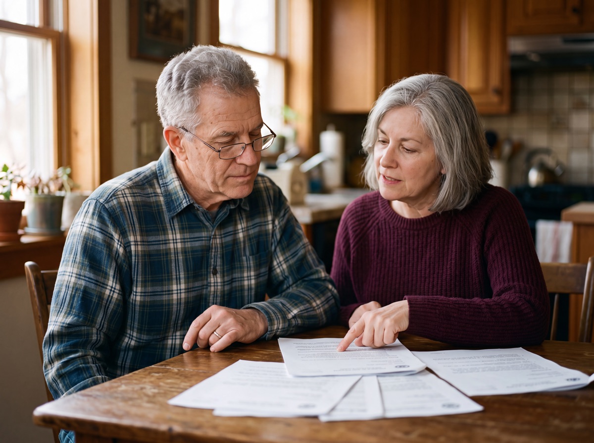 A couple reviewing paperwork together at their kitchen table