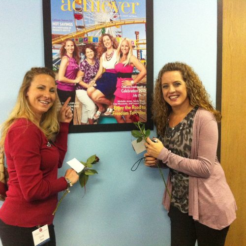 Michelle and Sandy celebrating Sandy's success working from home in direct sales
