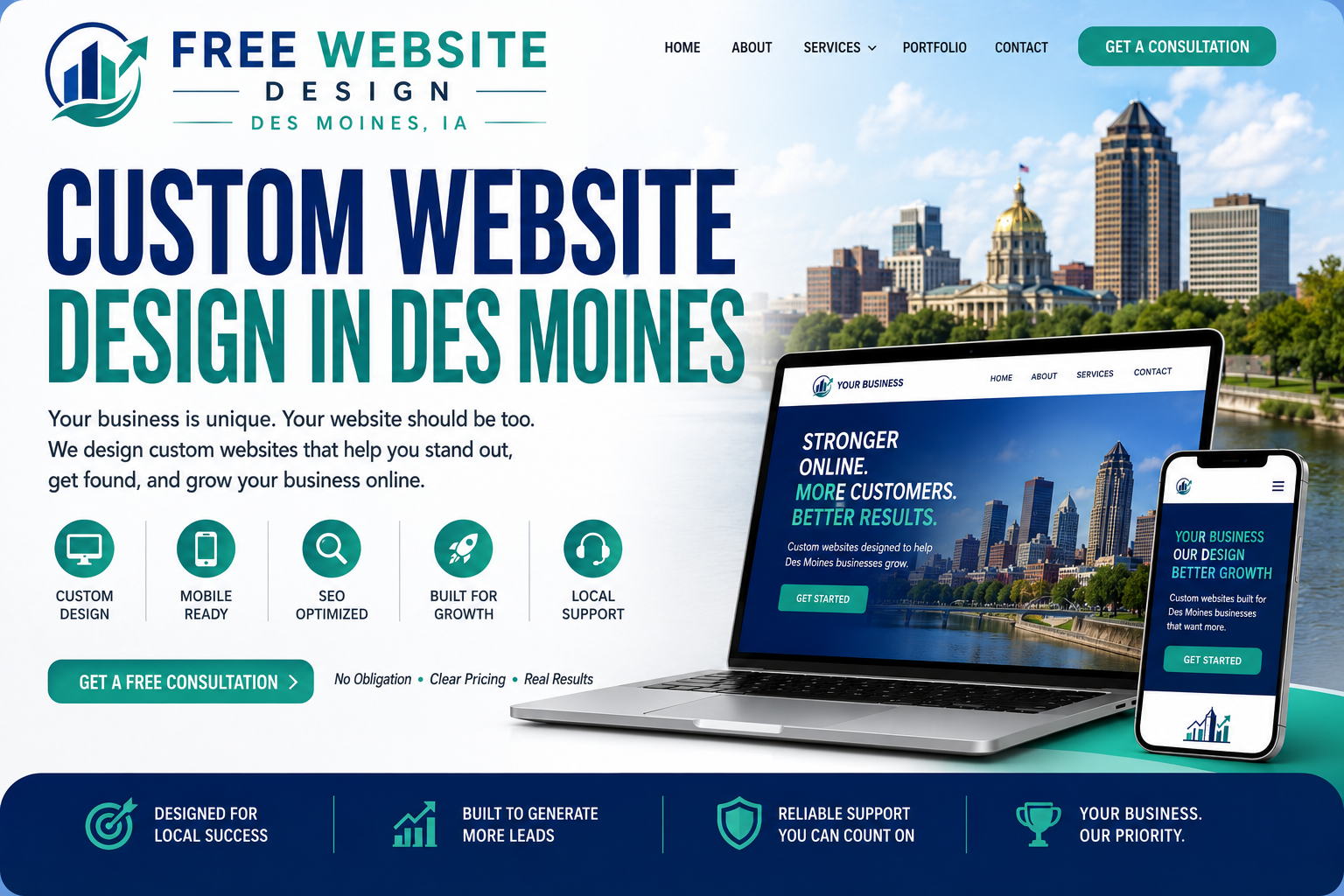 Custom website design displayed on a laptop and phone for a Des Moines business
