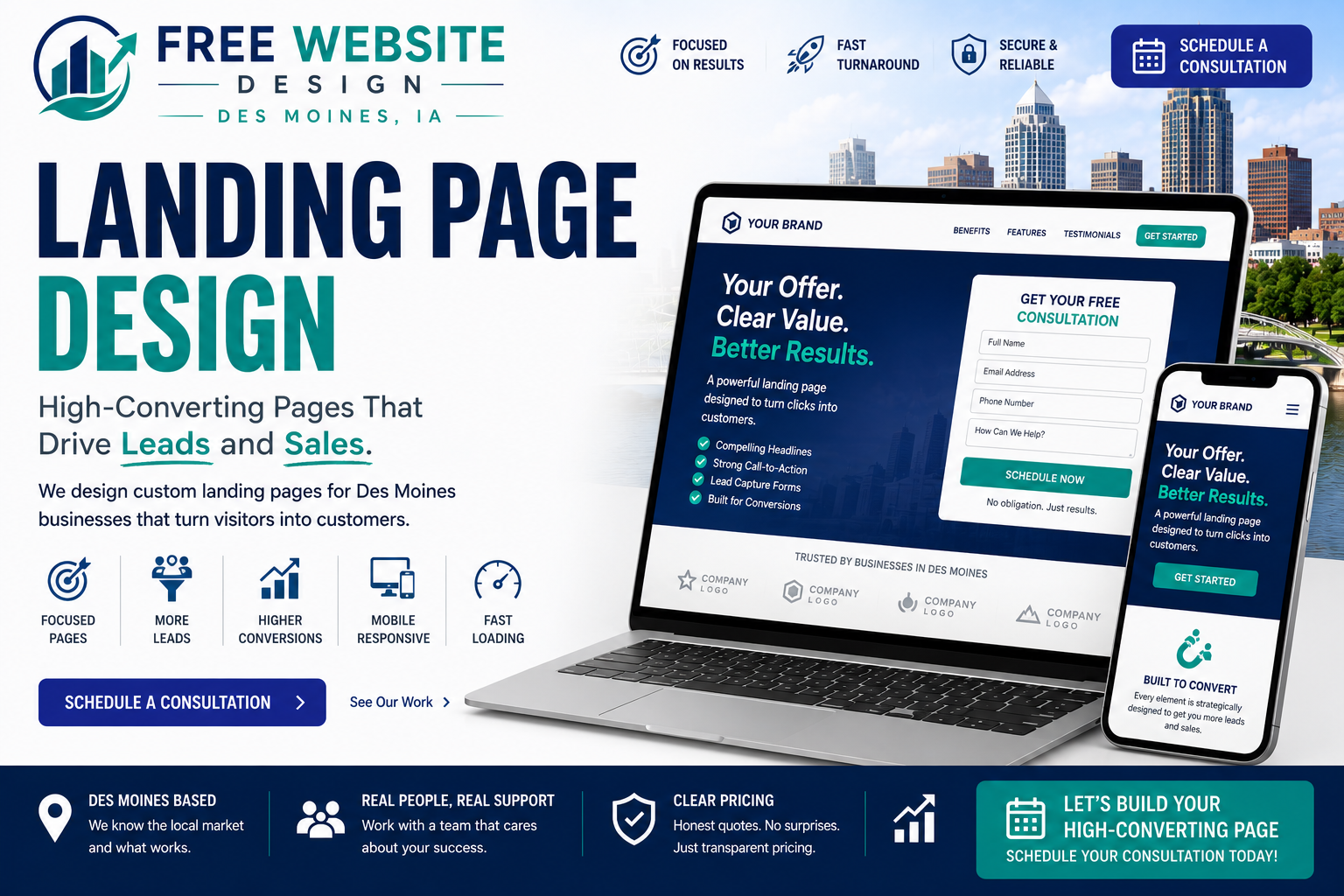 Campaign landing page design mockup for a Des Moines business