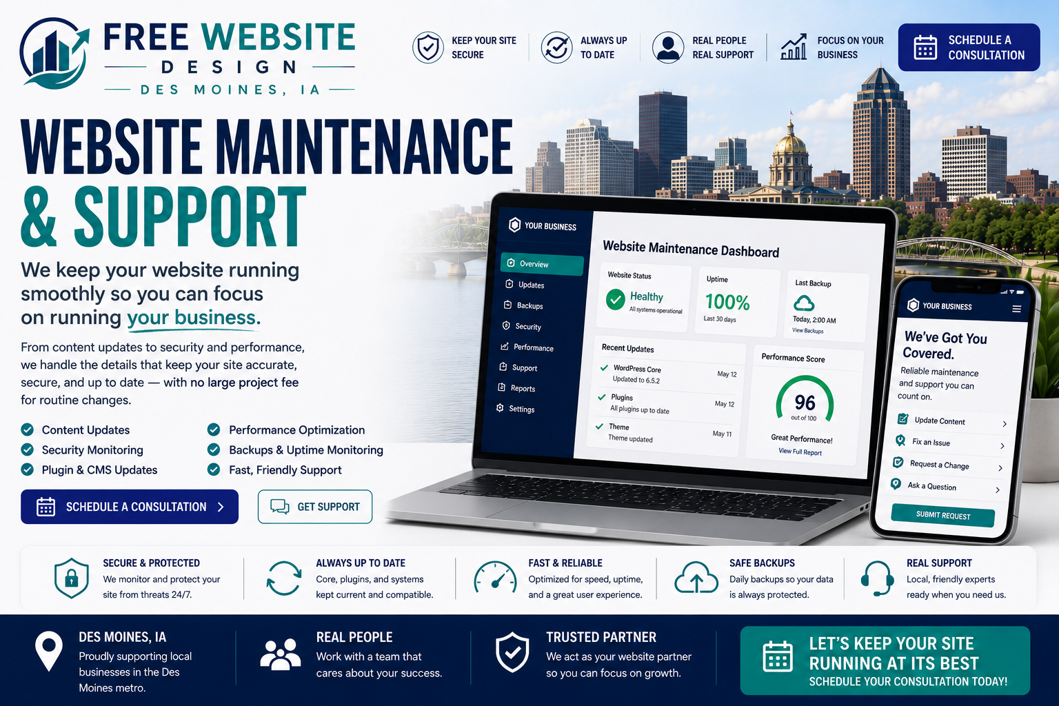 Website maintenance and support illustration for a Des Moines business