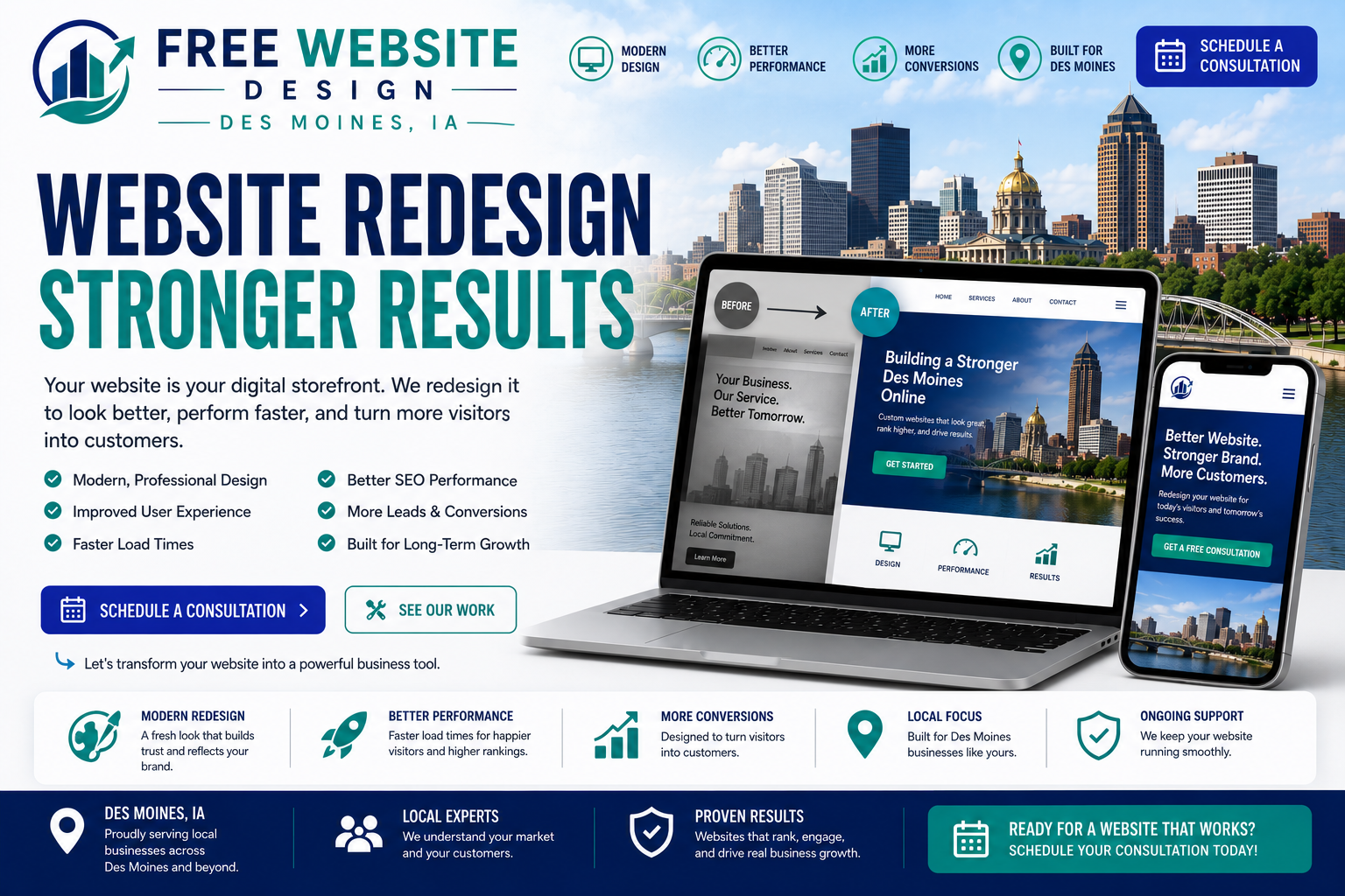 Before-and-after style website redesign mockup for a Des Moines business